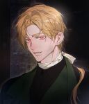  1boy 8garak blonde_hair colored_eyelashes commentary_request dark dio_brando evil_smile formal_clothes hair_ribbon highres korean_commentary looking_at_viewer male_focus original parted_bangs red_eyes ribbon scar scar_on_face scar_on_mouth shirt short_hair smile solo upper_body 