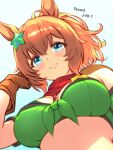  1girl animal_ears blue_background blush breasts brown_gloves cleavage closed_mouth commentary_request english_text gloves gradient_background hair_ornament highres horse_ears horse_girl kaicho_(kaicho_p) large_breasts looking_at_viewer orange_hair red_scarf scarf smile solo star_(symbol) star_hair_ornament taiki_shuttle_(umamusume) taiki_shuttle_(wild_frontier)_(umamusume) umamusume upper_body 