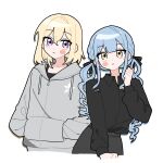  2girls at_09098 bang_dream! bang_dream!_it's_mygo!!!!! black_ribbon black_shirt blonde_hair blue_hair closed_mouth commentary grey_jacket hair_between_eyes hair_ribbon hands_in_pockets highres hood hood_down hooded_jacket jacket long_hair long_sleeves misumi_uika multiple_girls purple_eyes ribbon shirt simple_background togawa_sakiko twintails untranslatable_commentary white_background yellow_eyes 