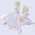  2girls blue_dress bob_cut bwgnagna capelet commentary crossed_legs dress english_commentary gardevoir gardevoir_(aurora) gloves green_hair hair_ornament hair_over_one_eye highres looking_at_viewer multiple_girls pink_eyes pokemon pokemon_(creature) pokemon_unite simple_background 