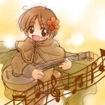  1boy 2000s_(style) :d bard_(ragnarok_online) blush_stickers brown_cape brown_eyes brown_hair brown_shirt cape commentary_request flower guitar hair_flower hair_ornament holding holding_instrument instrument looking_at_viewer lowres male_focus musical_note musical_staff open_mouth playing_instrument ragnarok_online red_flower shirt smile solo todoemon upper_body yellow_background 