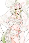  1girl :d ahoge animal_ears bikini braid breasts cleavage eyewear_on_head ferret_ears ferret_girl ferret_tail frills gold_choker gold_thighlet gradient_hair green_eyes green_hair green_tail hair_between_eyes heart heart-shaped_eyewear highres jewelry large_breasts limealicious limealicious_(summer) looking_at_viewer ma_draws medium_hair multicolored_hair navel open_mouth pink-tinted_eyewear pink_bikini sarong smile solo standing sunglasses swimsuit thighlet tinted_eyewear twin_braids vinesauce virtual_youtuber white_background white_hair white_sarong 