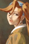  1girl absurdres accessory_connection ace_attorney alt_text athena_cykes blue_hairband brown_background commentary crescent crescent_earrings earrings english_commentary faux_traditional_media fine_art_parody flipped_bangs girl_with_a_pearl_earring grey_eyes hair_between_eyes hairband handsometimr highres jacket jewelry long_hair looking_at_viewer looking_to_the_side nose orange_hair parody parted_lips red_lips side_ponytail sidelocks solo upper_body white_trim yellow_jacket 