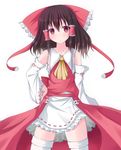  absurdres blush bow brown_hair collarbone curiosities_of_lotus_asia detached_sleeves hair_bow hair_tubes hakurei_reimu highres japanese_clothes long_hair miniskirt nicoby red_eyes simple_background skirt solo thighhighs touhou zettai_ryouiki 