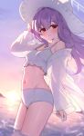  1girl atsuko_(blue_archive) atsuko_(swimsuit)_(blue_archive) bikini blue_archive breasts closed_mouth cloud commentary_request evening hair_between_eyes halo hat highres long_hair looking_at_viewer navel ocean official_alternate_costume outdoors partially_submerged purple_hair purple_sky red_eyes sky small_breasts smile solo sun sunset swimsuit ushimittsu white_bikini white_halo white_hat 