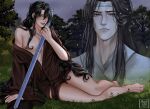  2boys androgynous arm_support artist_name bare_legs barefoot bichen_sword bishounen black_hair black_hanfu blush borrowed_weapon bottomyllz brown_eyes brown_hanfu chinese_clothes closed_mouth commentary english_commentary eyelashes feet full_body grandmaster_of_demonic_cultivation grass hair_between_eyes hair_down hair_ribbon half_updo hanfu headband highres holding holding_sword holding_weapon jian_(weapon) lan_wangji licking_lips lips long_hair looking_at_viewer male_focus multiple_boys multiple_views night nipples off_shoulder open_clothes open_mouth open_robe outdoors parted_lips partially_undressed realistic red_ribbon ribbon robe seductive_smile sheath sheathed sidelocks single_bare_shoulder sitting sky smile sweat sword toes tongue tongue_out trap tree very_long_hair weapon wei_wuxian white_hanfu white_headband yaoi yellow_eyes yokozuwari 
