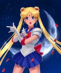  1girl :o \m/ absurdres back_bow bishoujo_senshi_sailor_moon bishoujo_senshi_sailor_moon_(first_season) blonde_hair blue_eyes blue_sailor_collar blue_skirt bow brooch choker circlet collared_shirt commentary cowboy_shot crescent crescent_choker crescent_earrings crescent_moon double_bun earrings elbow_gloves english_commentary eyelashes falling_petals flessia gloves hair_bun hair_intakes hair_ornament headpiece highres jewelry legs_apart long_hair looking_at_viewer magical_girl miniskirt moon open_mouth parted_bangs petals pleated_skirt pointing pointing_at_viewer puffy_short_sleeves puffy_sleeves red_bow red_choker red_petals sailor_collar sailor_moon sailor_senshi_uniform shirt short_sleeves skirt solo standing star_(sky) teeth transformation_brooch_(sailor_moon) tsuki_ni_kawatte_oshioki_yo tsukino_usagi twintails upper_teeth_only very_long_hair white_gloves white_shirt 