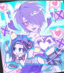  1boy 1girl art_program_in_frame bakedgyul black_hair black_shirt black_socks blue_eyes blue_socks blush bow bright_pupils cake chocolate_chip_cookie clip_studio_paint clip_studio_paint_(medium) commentary_request cookie drooling food forehead full_body grey_tank_top hair_bow hair_bun hair_over_one_eye hair_up halftone halftone_background hand_on_own_cheek hand_on_own_face headband heart heart-shaped_pupils heart_hands hetero highres holding holding_food korean_commentary looking_at_viewer loose_socks lower_teeth_only mouth_drool multicolored_eyes multicolored_hair oc_x_canon one_eye_covered open_mouth original panties panty_&amp;_stocking_with_garterbelt panty_&amp;_stocking_with_garterbelt_(style) pink_eyes pink_streaks plate purple_bow purple_headband raised_inner_eyebrows rejection ringed_eyes screenshot shirt sidelocks single_hair_bun smile socks spoken_heart spoken_x stocking_(psg) streaked_hair striped_clothes striped_socks sweatband swiss_roll symbol-shaped_pupils t-shirt tank_top teeth toon_(style) two-tone_eyes two-tone_hair two-tone_socks underwear upper_body white_panties white_pupils yellow_eyes yellow_pupils 