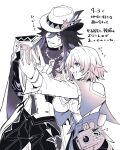  1boy 1girl ashveil_(honkai:_star_rail) camera commentary_request cutoffs fedora hair_between_eyes hat hat_ornament height_difference highres holding holding_phone honkai:_star_rail honkai_(series) jacket jewelry leaning long_hair long_sleeves lower_eyelashes_only march_7th_(honkai:_star_rail) march_7th_(preservation)_(honkai:_star_rail) medium_hair necklace pants partially_colored phone selfie shirt smile sweatdrop tooth_necklace v vest waistcoat yk_fish 
