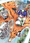  1boy 2girls absurdres aegiomon animal_legs asymmetrical_legwear bandana bandana_around_neck bare_shoulders bird birdramon black_vest blue_eyes blue_hair blue_skirt body_markings bow breasts brown_fur chest_jewel commentary_request digimon digimon_(creature) digimon_story:_time_stranger dress eikenkobayashi elbow_gloves facial_mark fiery_wings floating_island flying garter_belt gears gloves goat_boy goat_horns goggles goggles_on_head green_dress green_hat grey_hair gun hat headband highres holding holding_gun holding_weapon horns jacket kneeling large_breasts loincloth long_hair misono_inori motion_lines multiple_girls no_shirt outdoors pan_flute pantyhose pelvic_curtain pleated_skirt pointy_ears red_scarf riding_digimon satyr scarf short_dress short_hair skirt sleeveless sleeveless_dress speed_lines squatting talons thighhighs tree two-tone_dress vest weapon white_dress white_gloves white_jacket white_thighhighs wings yellow_bow yellow_headband yuuki_kanan 
