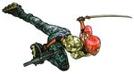  90s armor camouflage cargo_pants dark_skin dual_wielding elbow_pads fingerless_gloves gloves green_eyes gun gunspike h&amp;k_mp5 heckler_&amp;_koch holding inline_skates katana knee_pads military nishimura_kinu official_art pants pauldrons pink_hair roller_skates simone skates solo submachine_gun suppressor sword toned topknot weapon 