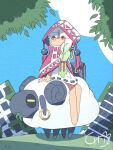 1girl bag barefoot blue_sky blunt_bangs braid building cloak cloud commentary day dress english_commentary full_body gradient_hair grass green_hair hair_ribbon highres hood hood_up long_hair moss multicolored_hair on_animal original outdoors red_cloak red_ribbon ribbon ruins septem_(catnokingb612) sheep signature single_braid sitting sky solo tassel white_dress white_hair yellow_eyes 