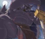  1boy abs absurdres animal_ears anus armpit_hair armpits baodory bara bat_(animal) biceps black_fur blaidd_the_half-wolf blue_cape brown_loincloth cape commentary elden_ring english_commentary english_text fangs flaccid full_moon fur_cape furry furry_male greatsword highres holding holding_sword holding_weapon loincloth looking_at_viewer looking_down male_focus moon muscular muscular_male navel nipples open_mouth pectorals penis pov sword tail testicles topless_male torn_clothes torn_loincloth veins veiny_penis weapon wolf_boy wolf_ears wolf_tail 