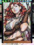  1girl 2024 armor art_tools_in_frame axe barbarian battle_axe bikini_armor blood blood_on_weapon breasts brown_gloves chainmail closed_mouth commentary english_commentary full_cleavage gloves green_eyes highres holding holding_axe holding_weapon large_breasts long_hair looking_at_viewer marker_(medium) metal_bikini navel photo_(medium) red_hair red_sonja red_sonja_(comics) signature solo stanley_lau traditional_media tree upper_body weapon 