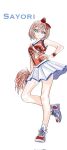  1girl alternate_costume bare_arms bare_legs blue_eyes blue_trim blush bow bright_pupils brown_hair character_name cheerleader clothes_writing commentary doki_doki_literature_club dot_nose english_commentary figure_four_standing hair_between_eyes hair_bow hand_on_own_hip highres holding holding_pom_poms looking_at_viewer miniskirt pom_pom_(cheerleading) rachel_campbell red_bow red_shirt sayori_(doki_doki_literature_club) shirt shoes sidelocks simple_background skirt sleeveless sleeveless_shirt smile sneakers socks solo standing standing_on_one_leg white_background white_pupils white_shoes white_skirt white_socks wristband 