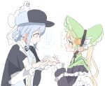  2girls bird_hat_ornament black_bow black_bowtie black_capelet black_hat blonde_hair blue_hair blue_necktie bonnet bow bow_flower bowtie braid braided_hair_rings capelet chinstrap closed_mouth collared_shirt commentary_request deerstalker dress flower frilled_capelet frilled_dress frilled_sleeves frills green_bonnet green_eyes hair_bow hair_flower hair_ornament hair_rings hat hat_bow highres holding_hands lolita_fashion long_hair long_sleeves mahou_shoujo_no_majo_saiban march_23th multiple_girls necktie rose shirt short_hair simple_background speech_bubble tachibana_sherry thought_bubble tono_hanna translation_request twintails vest white_background white_shirt wide_sleeves yellow_eyes yellow_flower yellow_rose yuri 