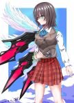  1girl angel_wings aoi_erika black_hair blue_eyes blue_ribbon bracelet breasts closed_mouth commentary_request dated floating floating_object floating_weapon flower_bracelet grey_sweater_vest heaven_burns_red highres jewelry kiri_giri41 large_breasts looking_to_the_side neck_ribbon ribbon shirt short_hair skirt sweater_vest white_shirt wings 