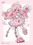  1girl belt blunt_bangs blush border bow commentary_request double_bun footwear_bow full_body grid_background hair_bun hat heart highres holding holding_wand long_hair open_mouth original outline outside_border pink_belt pink_border pink_bow pink_eyes pink_hair pink_shoes pink_skirt pink_thighhighs pixel_heart shirt shoes single_thighhigh skirt solo sparkle standing standing_on_one_leg striped_clothes striped_thighhighs thighhighs twitter_username unqn v-shaped_eyebrows wand watermark white_background white_hat white_outline white_shirt white_thighhighs 