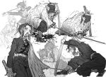  2girls animal_print belt blood breasts butterfly_hair_ornament butterfly_print butterfly_print_haori commentary_request deep_wound demon_slayer_uniform greyscale hair_ornament haori highres holding holding_sword holding_weapon injury japanese_clothes kimetsu_no_yaiba kochou_kanae kochou_shinobu koyomania long_sleeves medium_breasts monochrome multiple_girls multiple_views nosebleed parted_bangs print_haori sandals short_hair siblings simple_background sisters solo_focus spoilers standing_up sweat sword twitter_username weapon white_background 