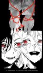  1girl 1other animal_ears antlers buck_teeth cheek-to-cheek commentary crazy_eyes crazy_smile crying deer_ears deer_girl deltarune english_text freckles furry furry_female greyscale hand_focus hat_babo heads_together highres horns kris_(deltarune) long_hair looking_at_another looking_to_the_side messy_hair monochrome noelle_holiday open_mouth pinky_swear plant red_eyes reindeer_girl ringed_eyes smile spot_color string string_of_fate teeth thorn_ring_(deltarune) thorns uneven_eyes utdr_(toby_fox) vines weird_route_(deltarune) wet wet_face wet_hair 