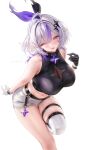 1girl absurdres ahoge asymmetrical_gloves black_gloves breasts character_request commission copyright_request gloves grey_hair hair_intakes hair_ornament highres lyusiola midriff mismatched_gloves multicolored_hair navel one_eye_closed purple_eyes purple_hair purple_streaks see-through_cleavage see-through_clothes short_shorts shorts signature solo stomach streaked_hair thighhighs white_gloves white_shorts white_thighhighs 