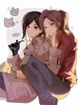  2girls absurdres ada_wong arms_around_another's_waist black_gloves black_hair brown_coat brown_eyes brown_hair cat claire_redfield coat commentary dog feet_out_of_frame gloves grey_pants hand_on_another's_chin haobuguniao heart highres holding holding_removed_eyewear interlocked_fingers jacket long_hair multiple_girls own_hands_clasped own_hands_together pants parted_bangs ponytail print_scarf red_jacket resident_evil resident_evil_2 resident_evil_2_(remake) scarf sitting sunglasses trench_coat unworn_eyewear yuri 