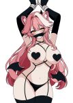  1girl animal_ears animated animated_gif areola_slip arms_up black_garter_straps black_gloves black_horns black_panties black_thighhighs black_wings blinking blush bouncing_breasts bound bound_wrists breasts collarbone commentary demon_wings detached_wings elbow_gloves english_commentary eyelashes eyeshadow gag garter_straps gloves hair_intakes heart_pasties hololive hololive_english horns improvised_gag large_breasts long_hair looking_at_viewer makeup minhart multicolored_hair navel panther_ears panther_girl panties pasties pink_eyeshadow pink_hair raora_panthera simple_background solo stomach streaked_hair tape tape_gag thighhighs thighs two-tone_hair underwear virtual_youtuber white_background wings yellow_eyes 