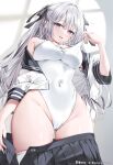  1girl artist_name black_sailor_collar black_skirt bow breasts commentary_request covered_navel grey_hair highres large_breasts long_hair long_sleeves looking_at_viewer one-piece_swimsuit open_clothes open_shirt original parted_lips pleated_skirt purple_eyes sailor_collar school_swimsuit school_uniform shirt skirt smile solo swimsuit swimsuit_under_clothes thighhighs twitter_username undressing white_one-piece_swimsuit white_shirt white_thighhighs yana_mori 