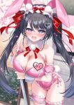  1girl absurdres animal_ear_hairband animal_ears bare_shoulders black_hair blue_eyes blush bow breasts chalkboard_sign cleavage commentary_request fake_animal_ears fake_tail frilled_hairband frilled_thigh_strap frills hair_ornament hairband heart highres holding holding_sign large_breasts leotard long_hair looking_at_viewer open_mouth original pink_hairband pink_leotard playboy_bunny rabbit_ears rabbit_tail red_bow sign solo tail thigh_strap tsukimiya_sara twintails 