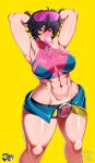  1girl abs arms_behind_head arms_up belt blowing_bubbles breasts chewing_gum commentary_request crop_top glasses highres jadenkaiba jubilee large_breasts marvel marvel_rivals midriff multicolored_hair muscular muscular_female oiled opaque_glasses pendant_earrings pink-tinted_eyewear pink_streaks short_hair sports_bra streaked_hair tinted_eyewear toned x-men yellow_background yellow_eyes 