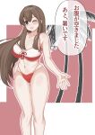  1girl akagi_(kancolle) bikini blush brown_eyes brown_hair commentary_request cowboy_shot highres kantai_collection kurano_kisuke long_hair looking_at_viewer multicolored_bikini navel one_eye_closed open_mouth palm_tree red_background red_bikini solo swimsuit tree two-tone_bikini white_background 