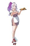  1950s_fashion 1girl absurdres apron bespectacled breasts burger carhop cleavage commentary dress food food_on_face french_fries full_body garrison_cap glasses grey_hair hair_intakes hat highres holding holding_tray idolmaster idolmaster_(classic) kimi_(hearty_yuuki) large_breasts long_hair long_sidelocks overexposure pencil_dress pinafore_dress puffy_short_sleeves puffy_sleeves purple_eyes red_dress roller_skates round_eyewear shijou_takane shirt shoes short_dress short_sleeves sidelocks simple_background skates sleeveless sleeveless_dress solo striped_clothes striped_dress tray two-tone_dress untranslatable_commentary vertical-striped_clothes vertical-striped_dress waist_apron white_apron white_background white_hat white_shirt white_shoes 