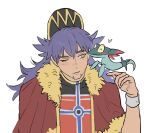  1boy blush_stickers cape commentary_request dreepy facial_hair fur-trimmed_cape fur_trim goatee_stubble hat heart highres jungeol_(p_oxo7) korean_commentary leon_(pokemon) male_focus mismatched_eyebrows one_eye_closed pokemon pokemon_(creature) pokemon_sword_and_shield purple_hair red_cape single_blush_sticker stubble yellow_eyes 