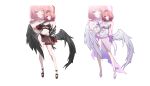  1girl ;) absurdres bikini black_bikini black_jacket black_sarong black_wings breasts bupa_chila chinese_commentary cleavage commentary_request hand_on_own_hip high_heels highres jacket large_breasts looking_at_viewer medium_hair navel one-piece_swimsuit one_eye_closed pink_hair pointy_ears purple_eyes remielle_dan sarong see-through_clothes see-through_sarong simple_background smile solo stomach swimsuit white_background white_one-piece_swimsuit white_wings wings zenless_zone_zero 