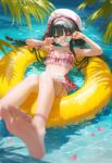  1girl absurdres barefoot beret bikini bikini_skirt black_hair chisa_(peach_parfait)_(wuthering_waves) chisa_(wuthering_waves) commentary ddcc0123 feet hair_ribbon hat highres long_hair looking_at_viewer looking_over_eyewear official_alternate_costume pink_bikini plaid_bikini plaid_clothes red_eyes red_ribbon ribbon skirt soles solo sunglasses swim_ring swimsuit toes untranslatable_commentary white_hat white_skirt wuthering_waves 