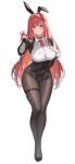  1girl absurdres alternate_costume animal_ear_hairband animal_ears black_leotard breasts brown_pantyhose button_gap closed_mouth collared_shirt commentary fake_animal_ears fake_tail full_body goddess_of_victory:_nikke hairband highres large_breasts leotard long_hair necktie neil_(neil_nim) official_alternate_hair_color pantyhose playboy_bunny rabbit_ear_hairband rabbit_ears rabbit_tail rapi_(nikke) rapi_(red_hood)_(nikke) red_eyes red_hair red_necktie shirt short_necktie simple_background solo tail thigh_strap untranslatable_commentary white_background white_shirt white_wrist_cuffs wrist_cuffs 