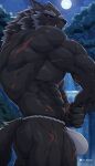  1boy abs absurdres animal_ears bara biceps black_fur black_sclera blaidd_the_half-wolf bulge closed_mouth colored_sclera commentary elden_ring english_commentary full_moon fundoshi furry furry_male highres japanese_clothes looking_at_viewer male_focus moon muscular muscular_male patreon_logo patreon_username pectorals purple_eyes smile tail topless_male water waterfall wet wolf_boy wolf_ears wolf_tail wolfblack2543 