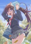  1girl autumn_leaves bag blazer blue_bag blue_sky book bow bowtie brown_hair collared_shirt commentary_request cowboy_shot day falling_leaves from_side glasses grey_jacket grey_skirt highres jacket leaf long_hair looking_to_the_side miniskirt nikulas_cage open_book open_mouth original outdoors panties pantyshot pink-framed_eyewear plaid_clothes plaid_skirt pleated_skirt ponytail purple_eyes red_bow red_bowtie school_bag school_uniform semi-rimless_eyewear shirt shoulder_bag skirt sky solo standing surprised tree turning_head under-rim_eyewear underwear very_long_hair white_panties white_shirt wind wind_lift 