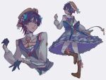  1boy absurdres ahoge arm_at_side artist_name black_eyes black_gloves black_hair blue_bow blue_butterfly blue_dress blue_gem blue_pupils blunt_ends boater_hat boots bow brown_boots brown_hat bug butterfly butterfly_hair_ornament clenched_hand closed_mouth collarbone commentary cosplay crossdressing crossdressing_(mtf) detached_collar dress earrings eyeliner feathers flower flower_pendant frilled_dress frills gem genshin_impact gloves gold_earrings gold_necklace gold_trim hair_flower hair_intakes hair_ornament half_gloves hand_up hands_up hat hat_bow highres jewelry kamisato_ayaka kamisato_ayaka_(springbloom_missive) kamisato_ayaka_(springbloom_missive)_(cosplay) lapels large_bow light_blush long_sleeves looking_at_viewer looking_back makeup male_focus medium_dress mole mole_under_eye multiple_views neck_tassel necklace open_hand pantyhose pink_flower red_eyeliner scaramouche_(genshin_impact) solo tassel tsurime untranslatable_commentary vision_(genshin_impact) white_bow white_pantyhose white_sleeves yellow_feathers zenshyns 