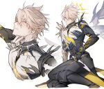  2boys antenna_hair armor asymmetrical_wings belt black_bodysuit black_cape black_gloves blonde_hair blush bodysuit brown_belt caelus_(honkai:_star_rail) cape clenched_hand closed_eyes closed_mouth collarbone commentary_request cracked_skin feet_out_of_frame fingerless_gloves gauntlets gloves gyulseu hair_between_eyes halo halo_behind_head hand_on_another's_chin highres honkai:_star_rail honkai_(series) korean_commentary looking_at_viewer male_focus multiple_boys multiple_views pauldrons phainon_(honkai:_star_rail) phainon_(khaslana)_(honkai:_star_rail) short_hair shoulder_armor simple_background single_gauntlet single_pauldron sitting solo_focus sweatdrop teeth trailblazer_(honkai:_star_rail) waist_cape white_background wings yaoi yellow_eyes yellow_halo 