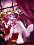  1girl absurdres alcohol ascot bat_(animal) bat_wings bloomers blue_hair blush bow brooch closed_mouth commentary_request crossed_legs cup curtains drinking_glass eyes_visible_through_hair fang feet foot_focus frills from_below full_moon hair_bow hair_over_one_eye hat highres holding holding_cup jewelry looking_at_viewer medium_hair moon pink_hat poker_face1225 red_ascot red_bow red_eyes remilia_scarlet scrunchie sitting skin_fang smile solo thighhighs throne touhou white_background white_bloomers white_thighhighs wine wine_glass wings wrist_scrunchie zettai_ryouiki 