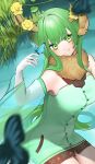  1girl animal_ear_fluff animal_ears antler_ornament antlers blue_butterfly bug butterfly commentary deer_ears dress flower green_dress green_eyes green_hair green_sleeves haruka_karibu haruka_karibu_(1st_costume) horns long_hair looking_at_viewer reindeer_antlers reindeer_girl shio_bd smile solo untranslatable_commentary virtual_youtuber vshojo 