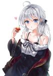  1girl ahoge apple black_bra black_robe black_skirt blue_eyes bra breasts collarbone commentary_request elaina_(majo_no_tabitabi) food fruit grey_hair hair_between_eyes heart highres holding holding_food holding_fruit long_hair long_sleeves looking_at_viewer majo_no_tabitabi popokki robe shirt simple_background skirt small_breasts solo underwear white_background white_shirt wide_sleeves 