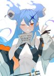  1girl absurdres bad_id bad_pixiv_id bare_shoulders belt black_gloves blue_hair blush breasts breasts_apart buckle ear_piercing fataaa fiery_hair gloves grin highres jacket kamura_nana long_hair long_sleeves looking_at_viewer medium_breasts off_shoulder one_eye_closed orange_eyes partially_fingerless_gloves piercing pointy_ears razerstar sidelocks sling_bikini_top smile snap-fit_buckle solo upper_body virtual_youtuber waving white_background white_jacket 