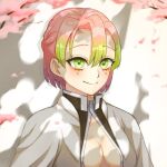  1girl alternate_hair_length_(shorter) blush breasts cherry_blossoms cleavage closed_mouth commentary eyelashes gradient_hair green_eyes green_hair hair_between_eyes kanroji_mitsuri kimetsu_no_yaiba mole mole_under_each_eye mole_under_eye multicolored_hair multiple_moles pink_hair portrait short_hair smile solo third-party_source tian_tong_cheng_qing two-tone_hair 