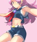 armpits asamiya_athena crop_top earrings hairband jewelry long_hair midriff naso4 navel purple_eyes purple_hair sailor_collar shorts simple_background solo the_king_of_fighters the_king_of_fighters_xiii 