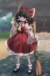  1girl ascot bow broom brown_hair commentary_request detached_sleeves frilled_bow frilled_hair_tubes frilled_skirt frills full_body hair_bow hair_tubes hakurei_reimu hakurei_shrine highres holding holding_broom long_hair modokith open_mouth red_bow red_eyes red_skirt ribbon-trimmed_skirt ribbon-trimmed_sleeves ribbon_trim skirt skirt_set solo textless_version touhou yellow_ascot 