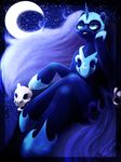  anthro anthrofied armor blue_eyes cool_colors crossed_legs cutie_mark detailed_background equine female friendship_is_magic hair helmet hi_res horn horse imalou long_hair mammal monochrome moon my_little_pony nightmare_moon_(mlp) pony purple_hair sitting skull smile solo stars 