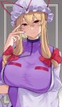  1girl absurdres alternate_breast_size_(larger) arms_under_breasts blonde_hair bow breasts closed_mouth commentary_request dress hair_between_eyes hair_bow hat highres huge_breasts long_hair long_sleeves looking_at_viewer mirufi_(milfiiiiyu) mob_cap pink_nails purple_tabard red_bow red_ribbon ribbon smile solo tabard touhou upper_body white_dress white_hat wide_sleeves yakumo_yukari 