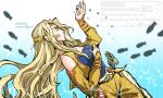  1girl blonde_hair blue_shirt breasts celes_chere cleavage closed_mouth commentary_request cropped_vest dated detached_sleeves final_fantasy final_fantasy_vi fish hair_ornament hand_on_own_chest long_hair medium_breasts mizss pants parted_bangs shirt sidelocks solo twitter_username vest yellow_pants yellow_sleeves yellow_vest 
